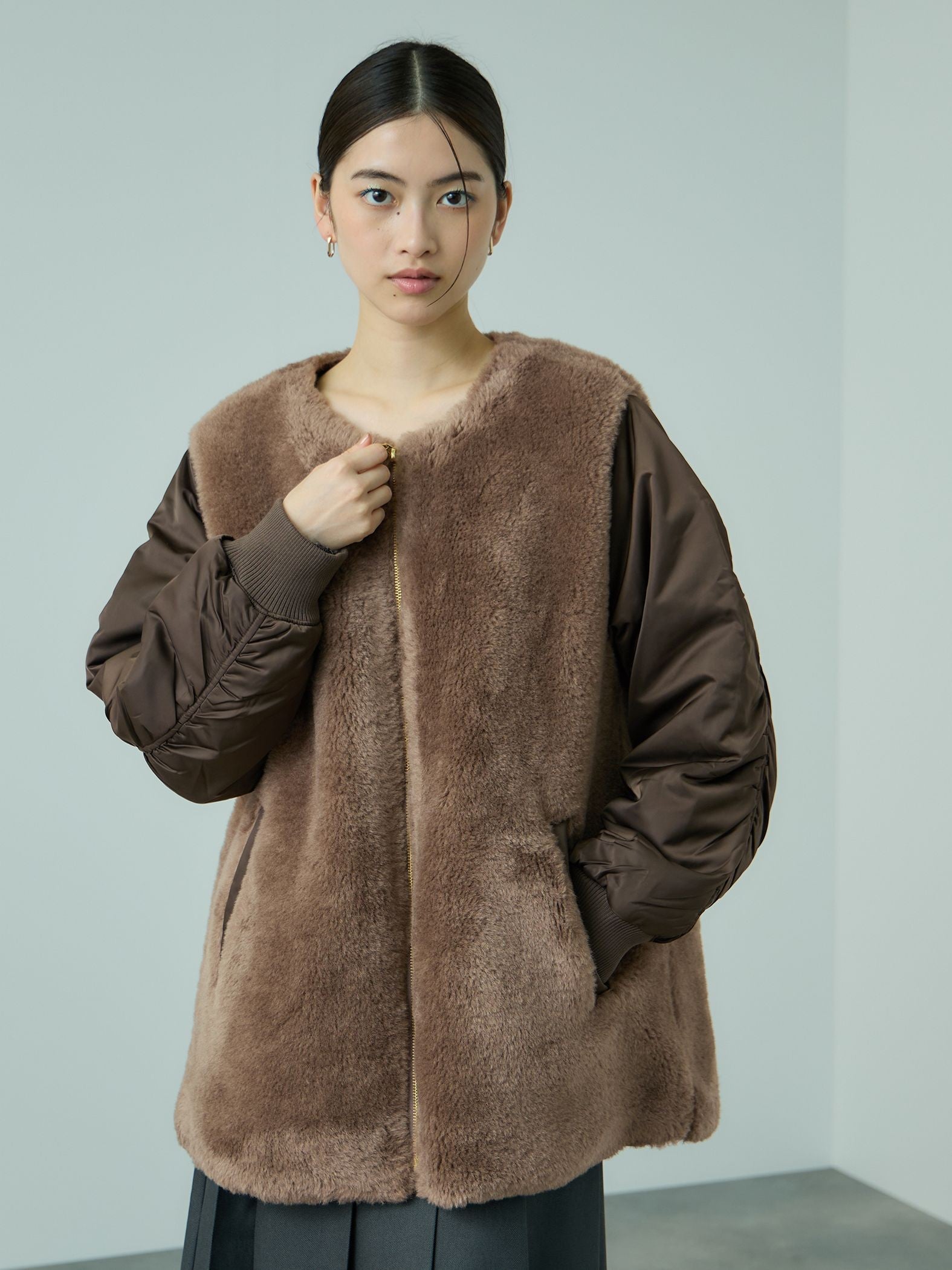 ボア切替ノーカラーミドルコート