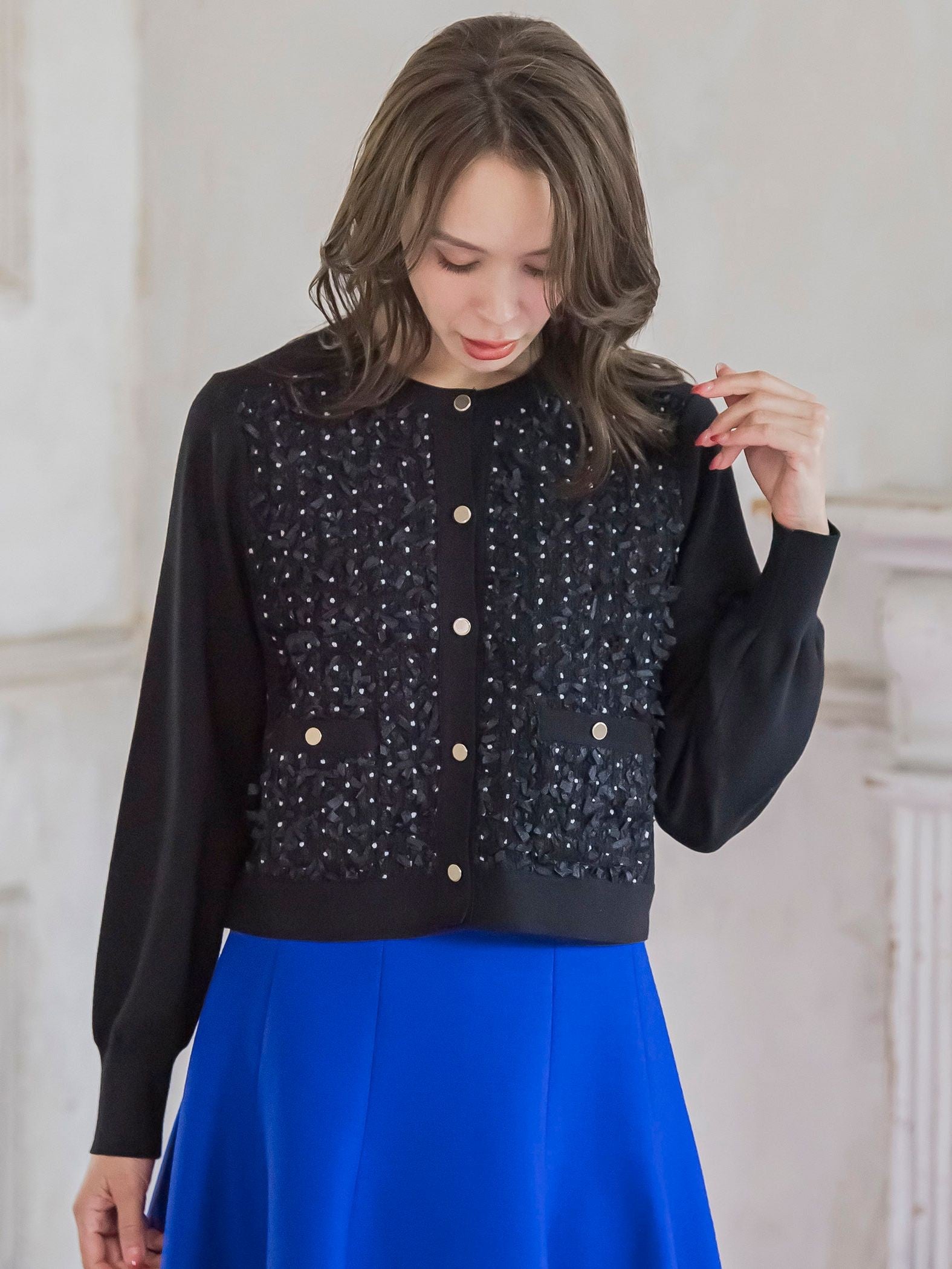 リボンドットツイードカーディガン