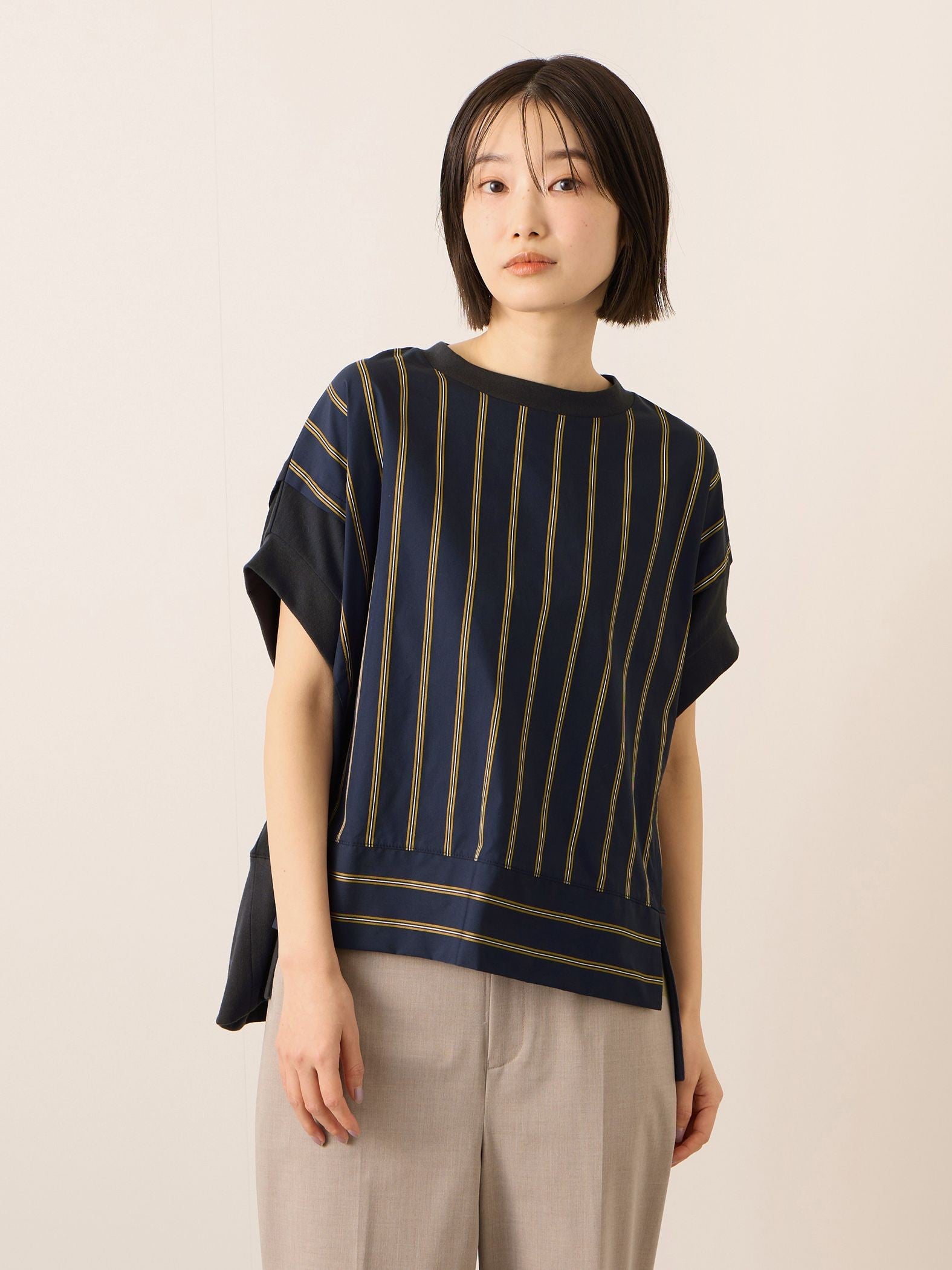 《予約》【機能するミニマル服】ストライプ切替プルオーバー　《接触冷感/吸水速乾/UVカット》