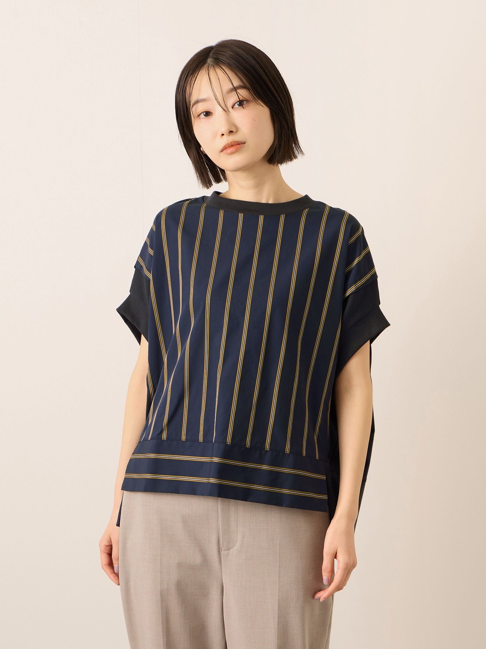 《予約》【機能するミニマル服】ストライプ切替プルオーバー　《接触冷感/吸水速乾/UVカット》