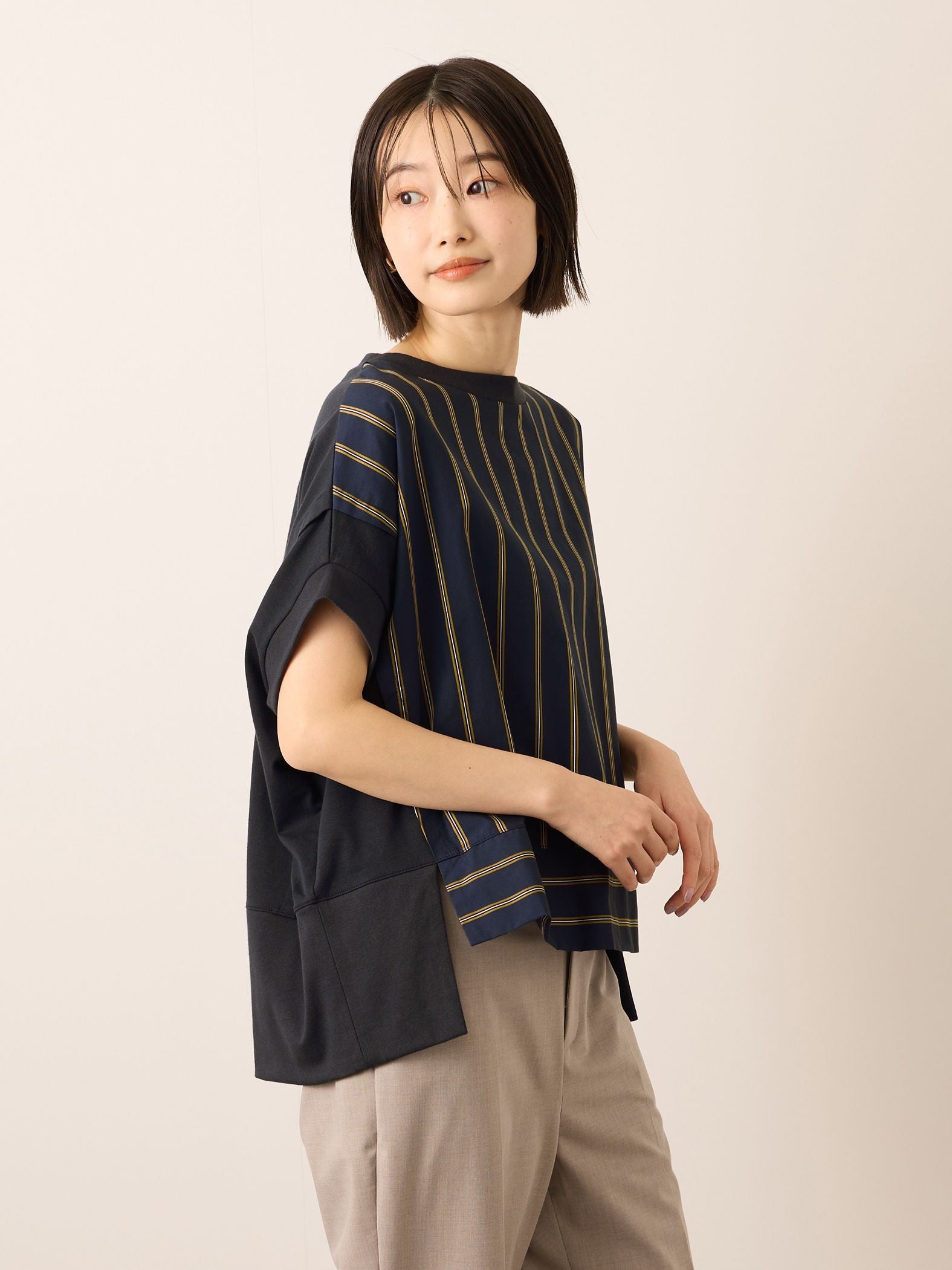 《予約》【機能するミニマル服】ストライプ切替プルオーバー　《接触冷感/吸水速乾/UVカット》