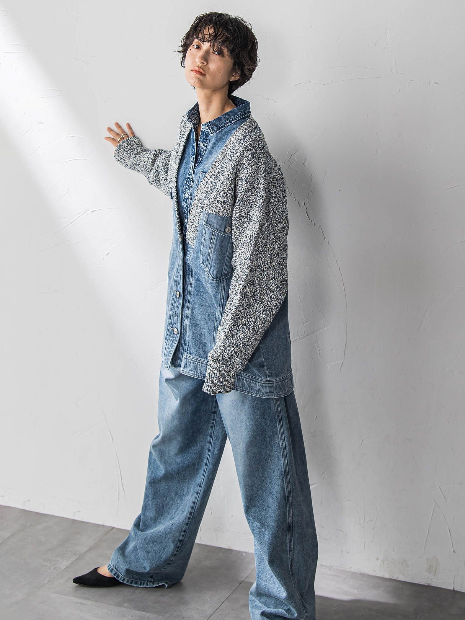 デニムドッキングニットカーディガン≪洗濯機で洗える≫