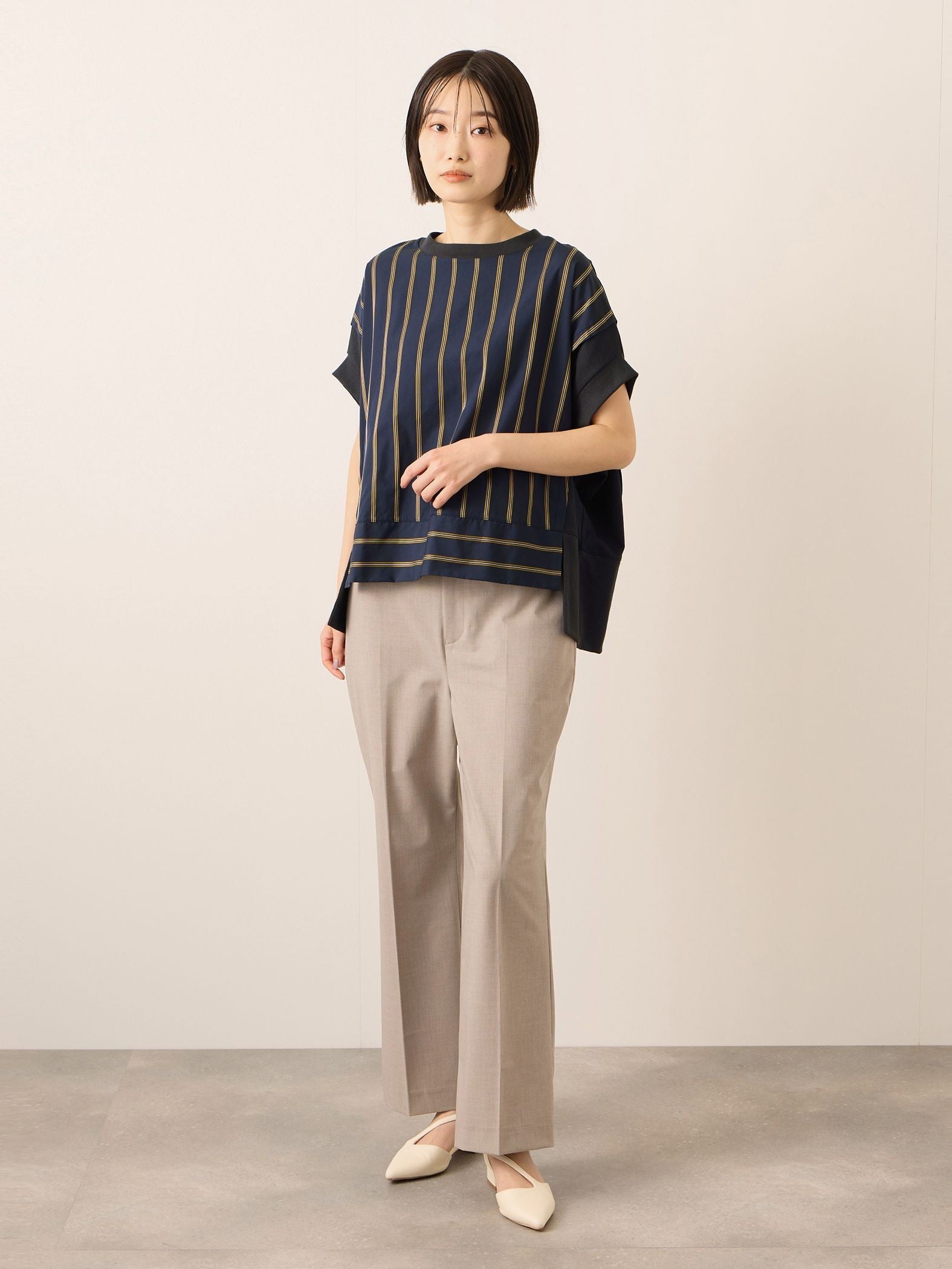 《予約》【機能するミニマル服】ストライプ切替プルオーバー　《接触冷感/吸水速乾/UVカット》