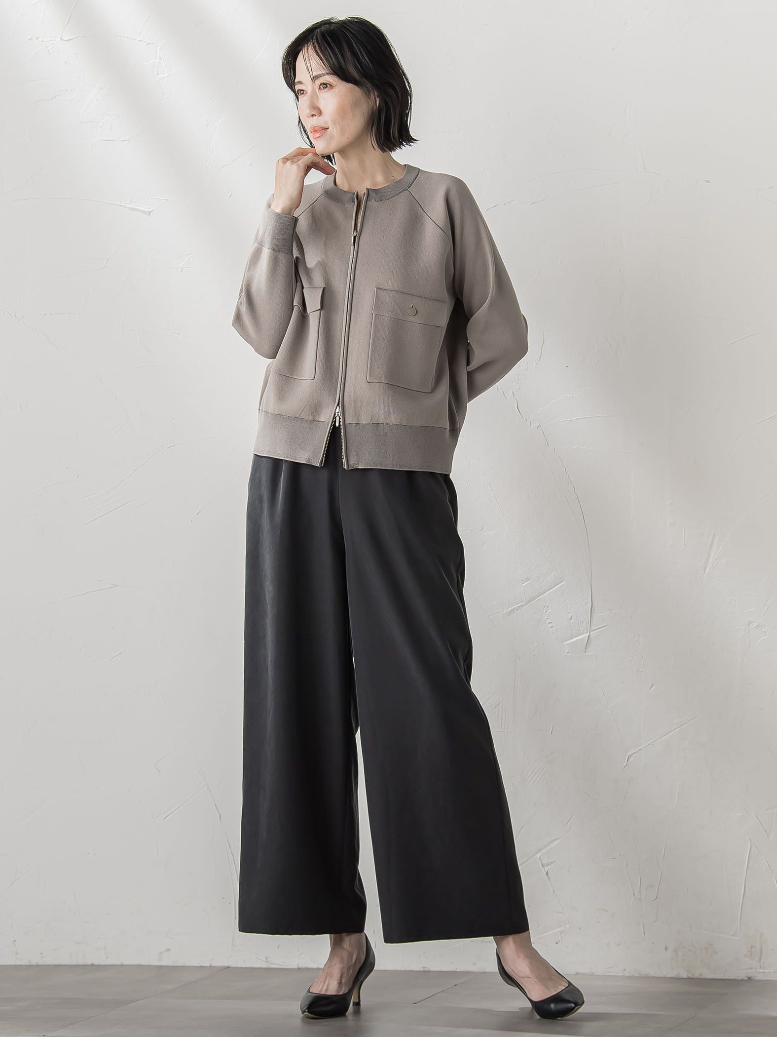 【biyori】”しっとりやわらかな風合い”ピーチポプリンリブパンツ≪洗濯機で洗える≫