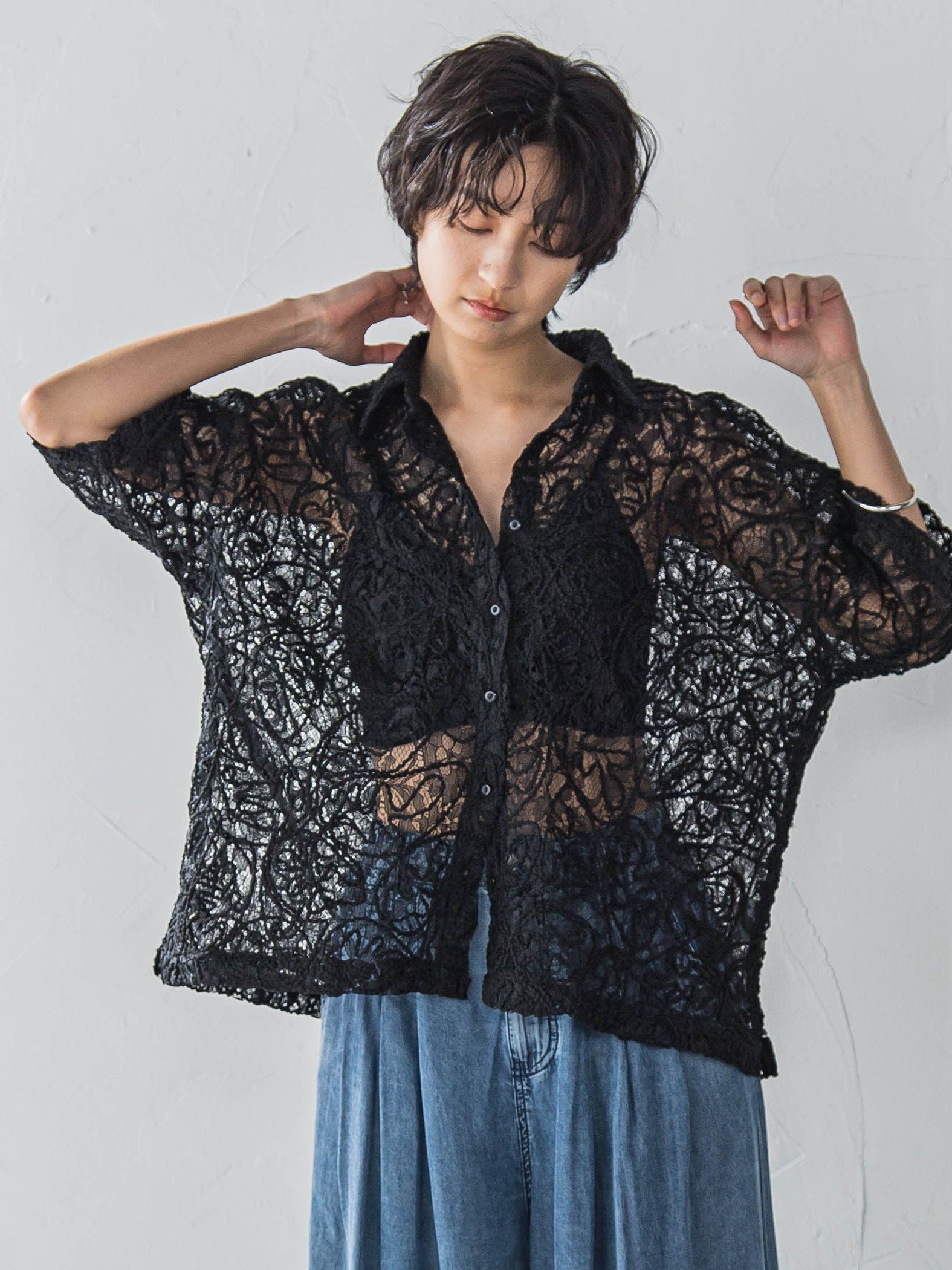 【WEB限定】コード刺繍レースワイドシャツ≪手洗い可能≫