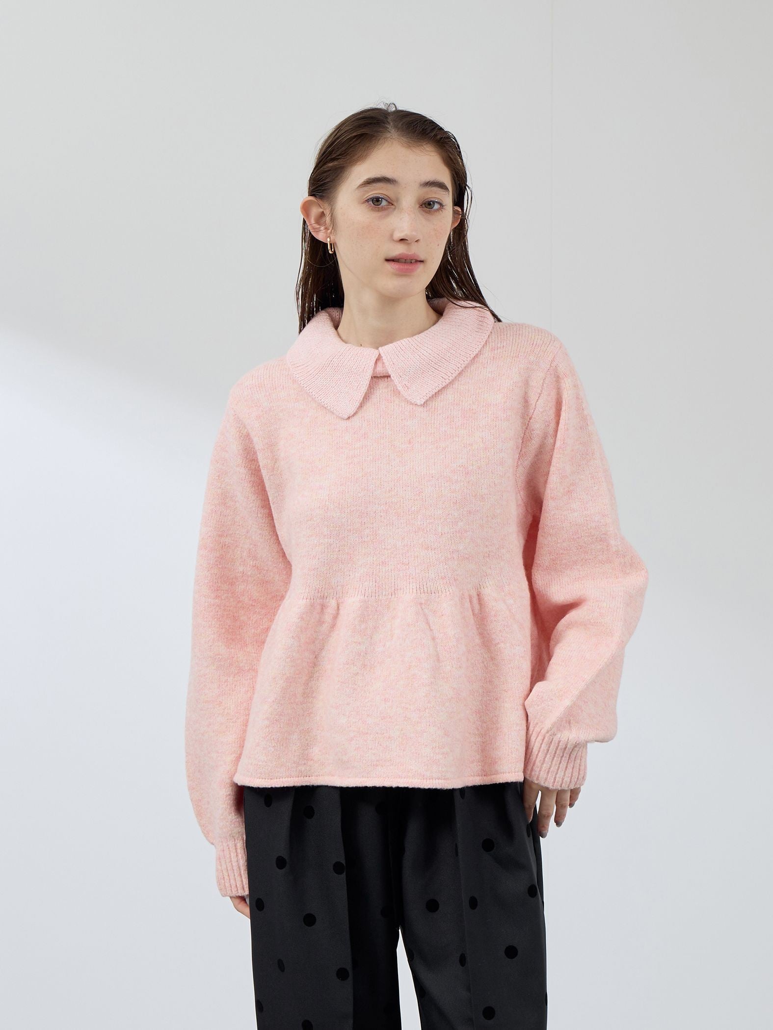 杢ストレッチ襟付きペプラムニット≪手洗い可能≫