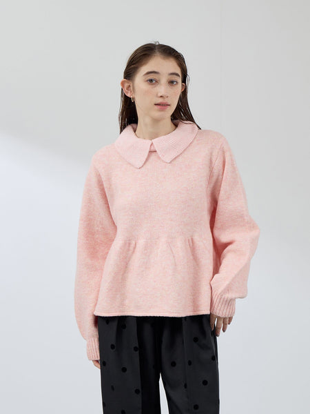 杢ストレッチ襟付きペプラムニット≪手洗い可能≫