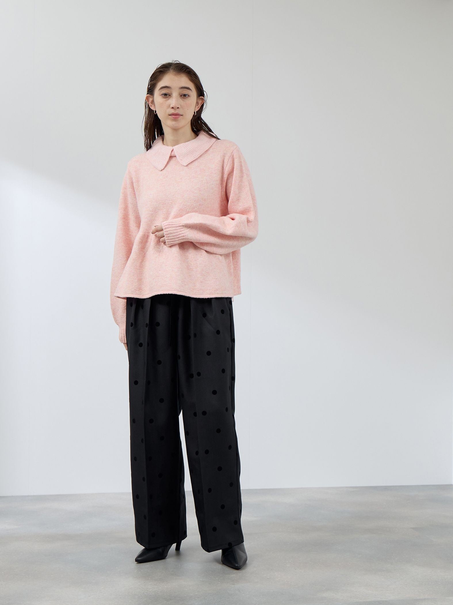 杢ストレッチ襟付きペプラムニット≪手洗い可能≫