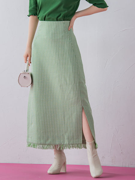 【秋のムードがたっぷり】ツィードフリンジスリットナロースカート《洗濯機で洗える》