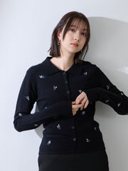 フラワー刺繍ポロニットトップス