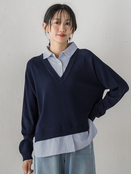 【WEB限定】Vネックブラウス切替えプルオーバー≪手洗い可能≫