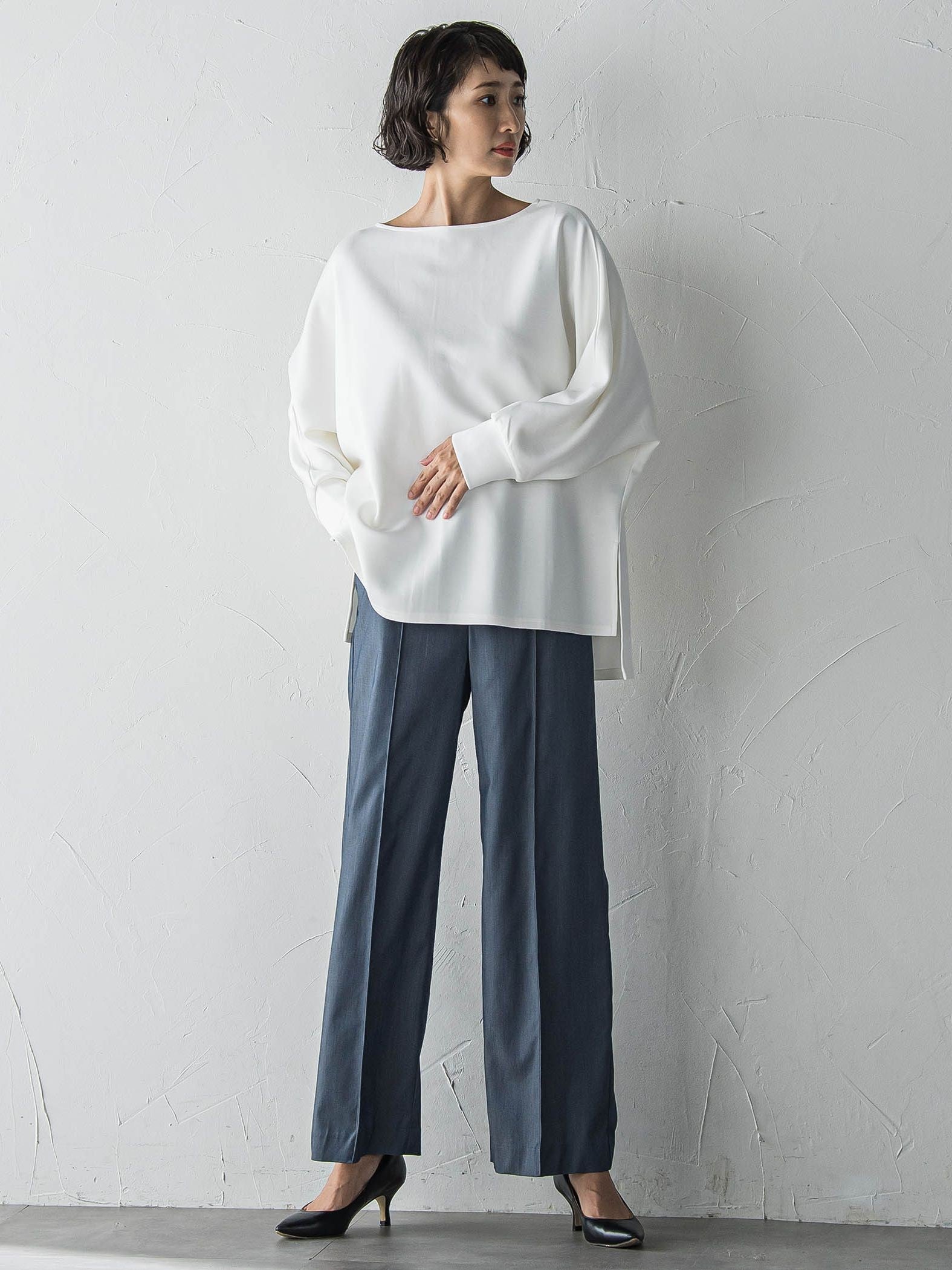 【WEB限定】デニム見えシャンブレーワイドパンツ≪洗濯機で洗える≫
