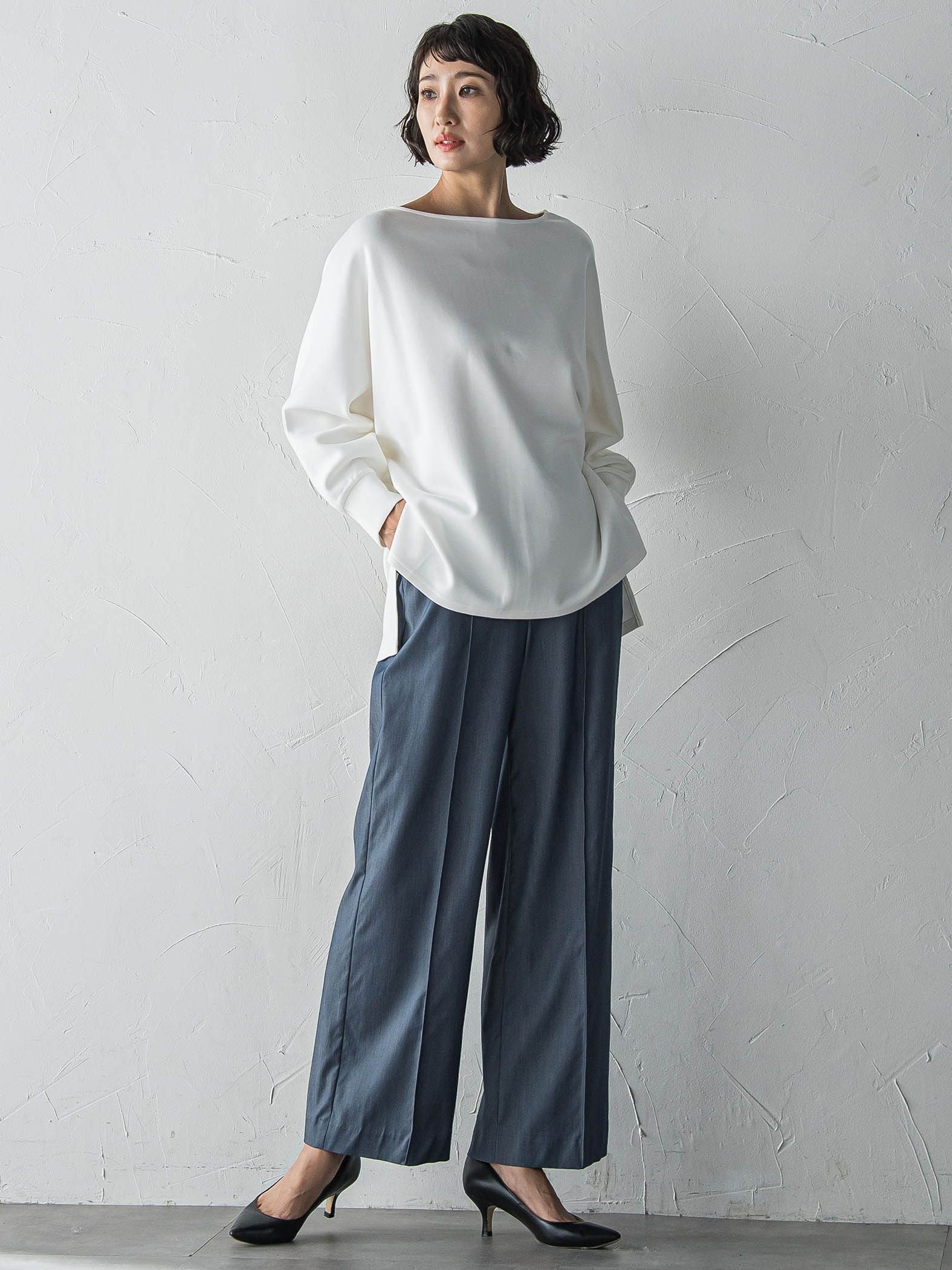 【WEB限定】デニム見えシャンブレーワイドパンツ≪洗濯機で洗える≫