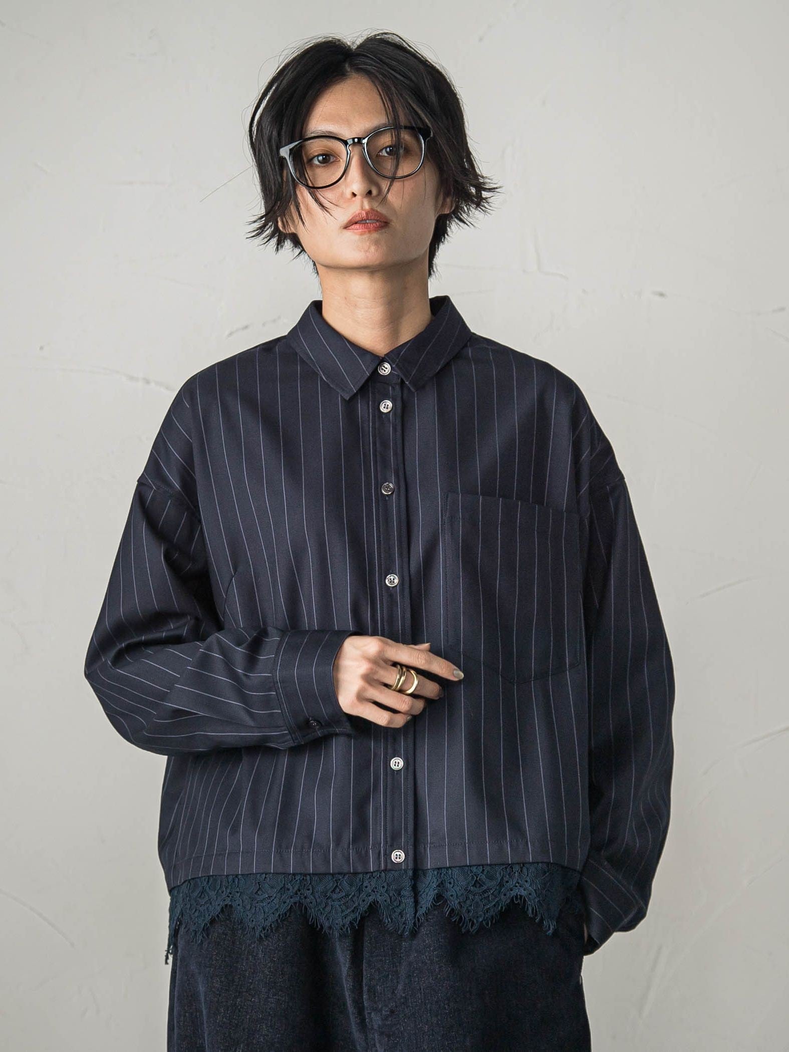 レースドッキングストライプクロップドシャツ