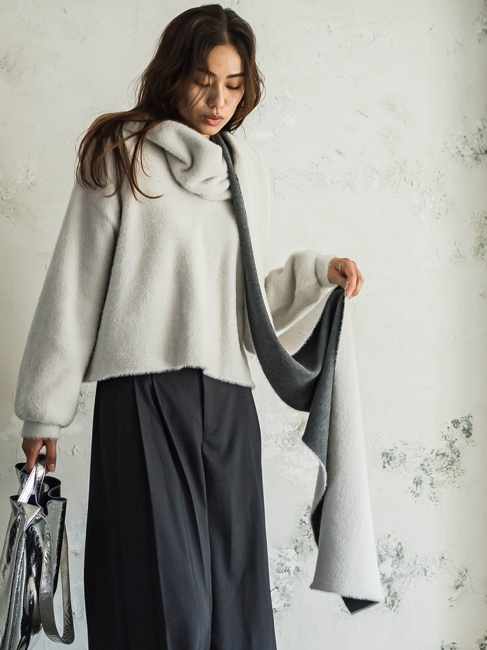 フェザーヤーンWフェイスフーディニットストール≪手洗い可能≫