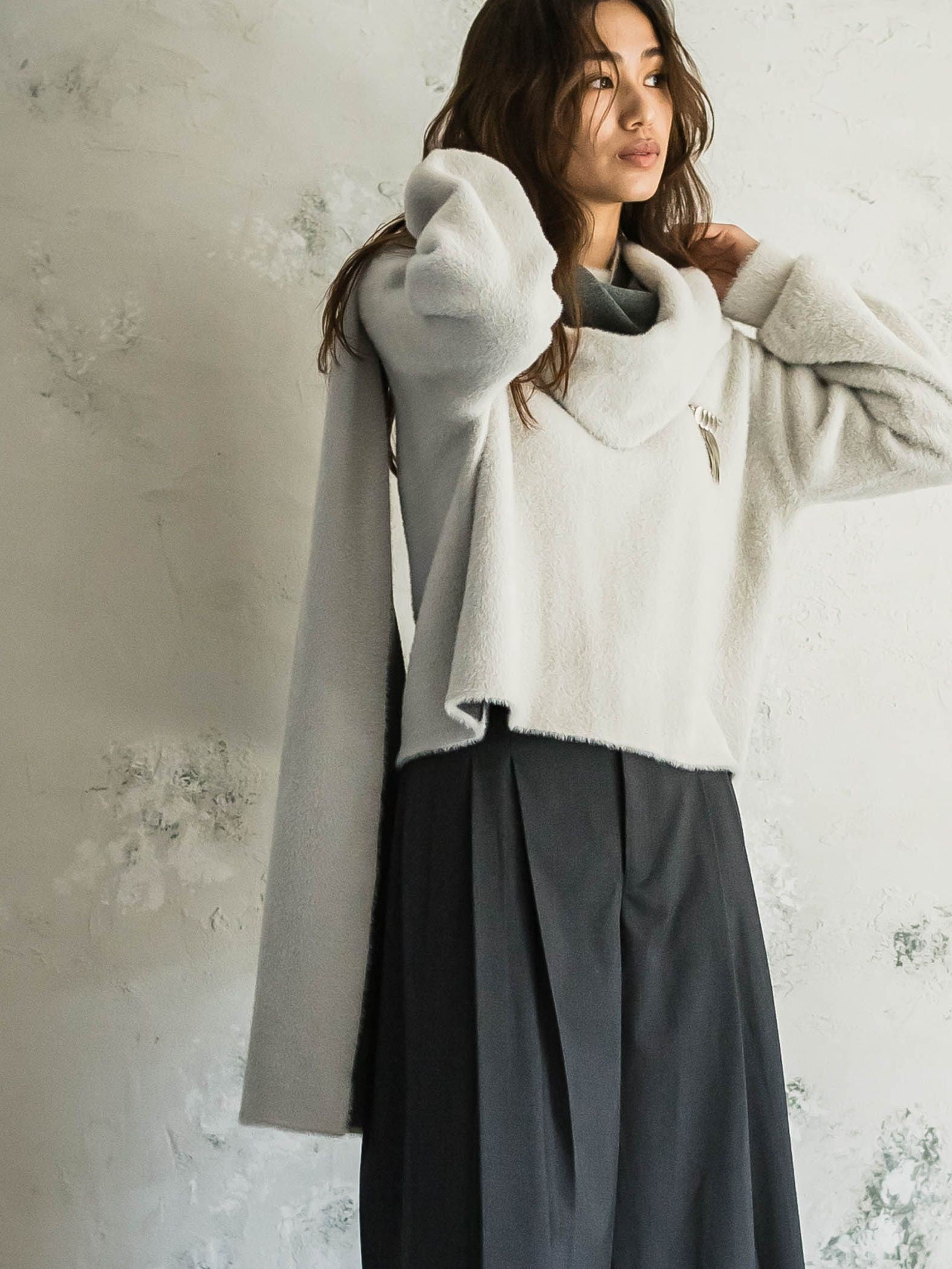 フェザーヤーンWフェイスフーディニットストール≪手洗い可能≫