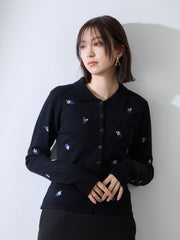 フラワー刺繍ポロニットトップス