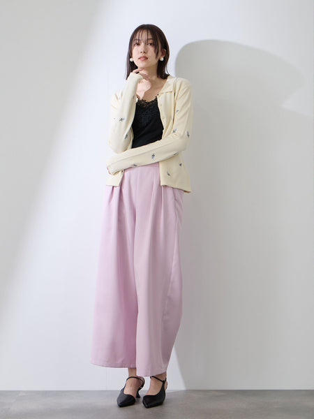 フラワー刺繍ポロニットトップス