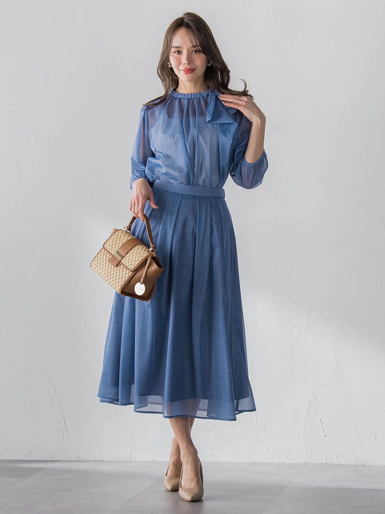 サイドリボンオーガンジーデニムブラウス