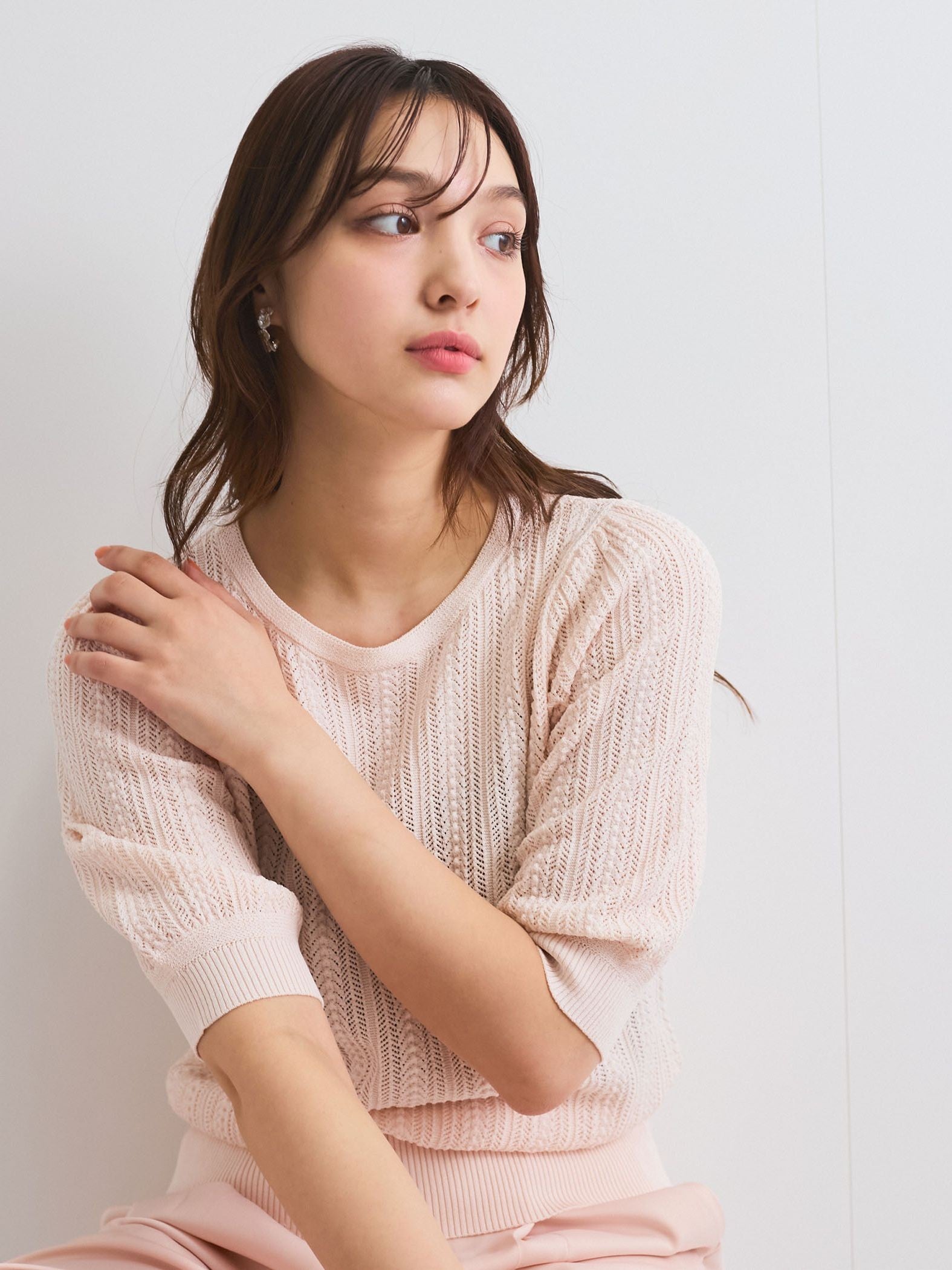 透かし編みパフスリーブニット≪手洗い可能≫