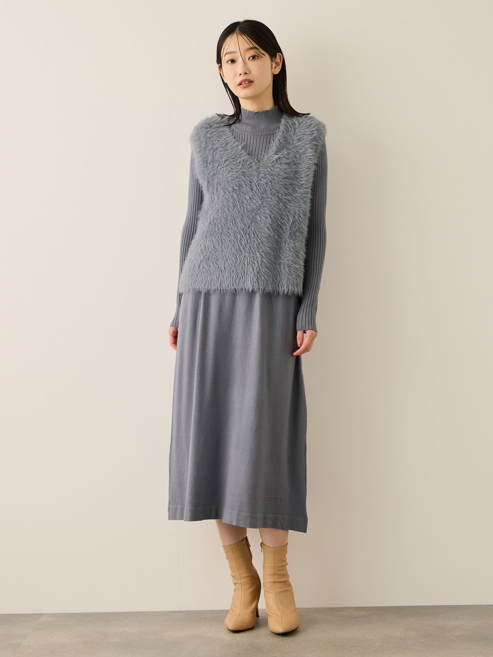シャギーニットベストアンサンブルワンピース≪手洗い可能≫
