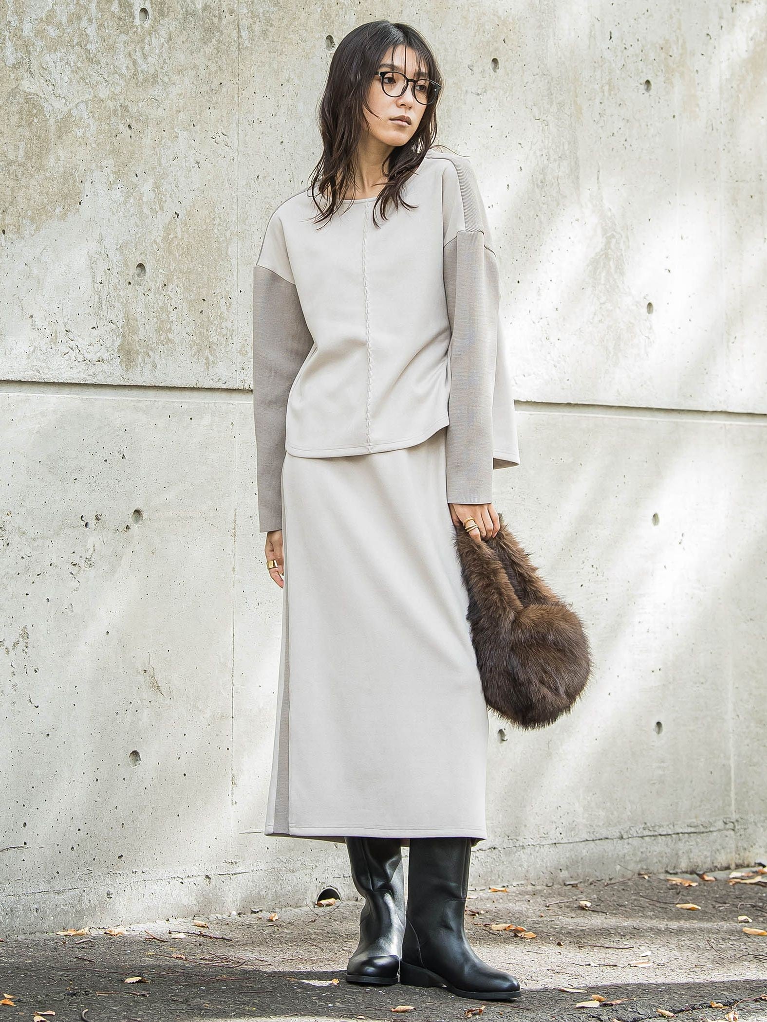 スウェード調×ニットスカートセットアップ≪手洗い可能≫