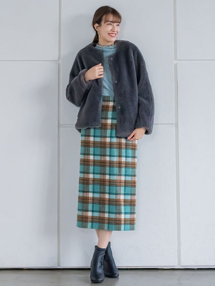 起毛シャギーチェックロングタイトスカート
