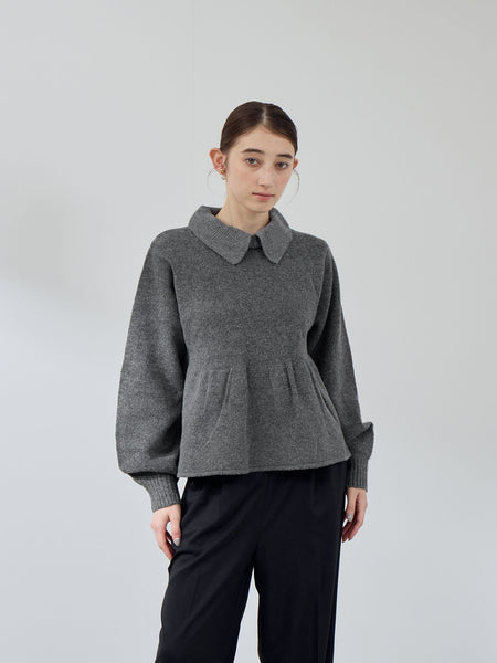 杢ストレッチ襟付きペプラムニット≪手洗い可能≫