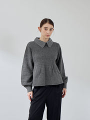 杢ストレッチ襟付きペプラムニット≪手洗い可能≫