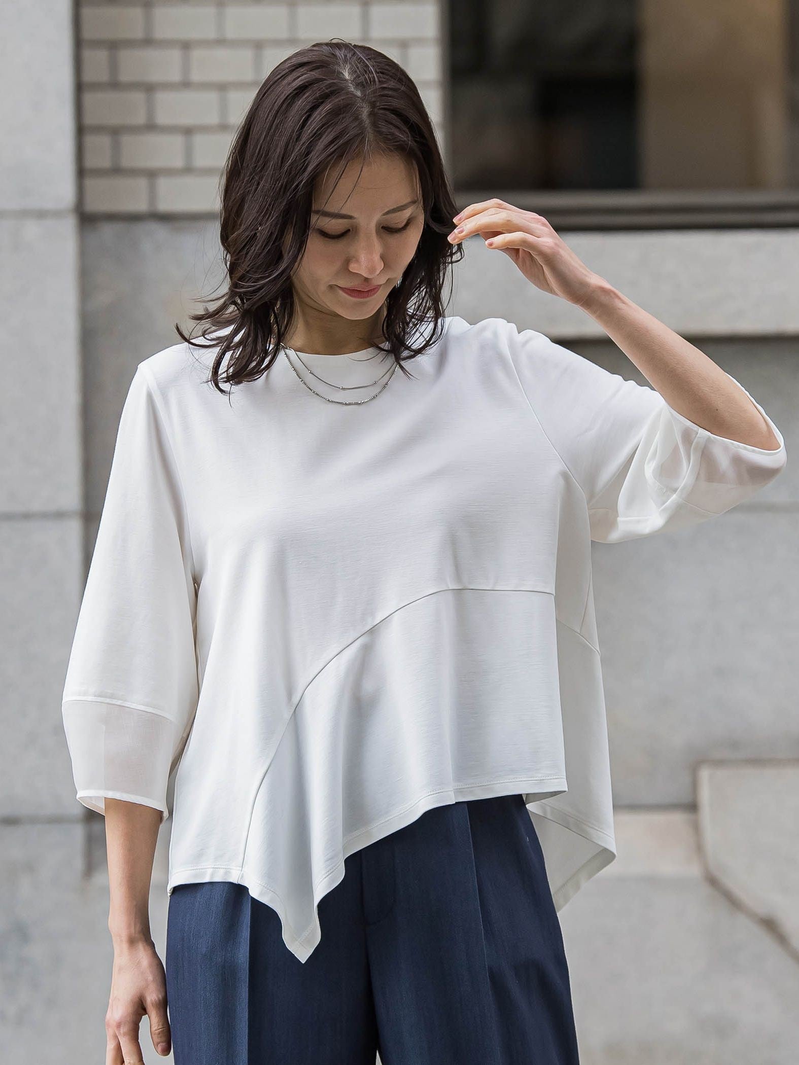 オーガンジーアシメヘムカットソー≪UVカット≫