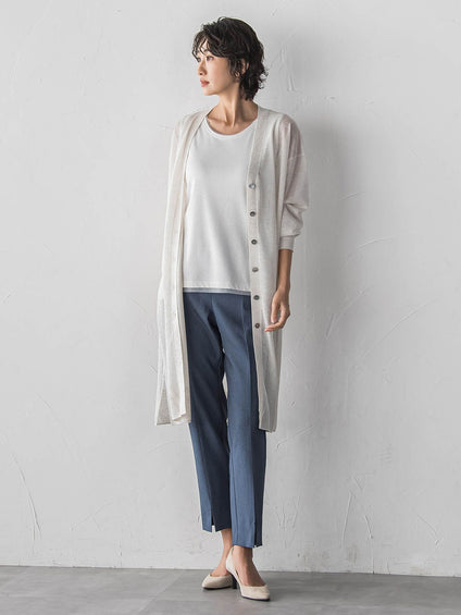 【WEB限定/大きいサイズ】“美脚デニム見え”裾スリットテーパードパンツ