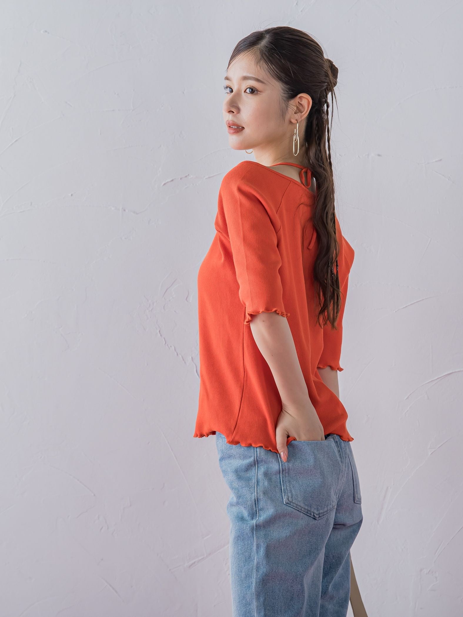 【レディな印象を演出】5分袖ヒモ付カットソー《洗濯機で洗える》