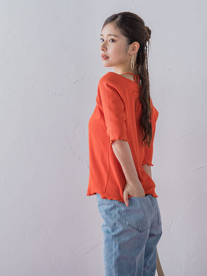 【レディな印象を演出】5分袖ヒモ付カットソー《洗濯機で洗える》