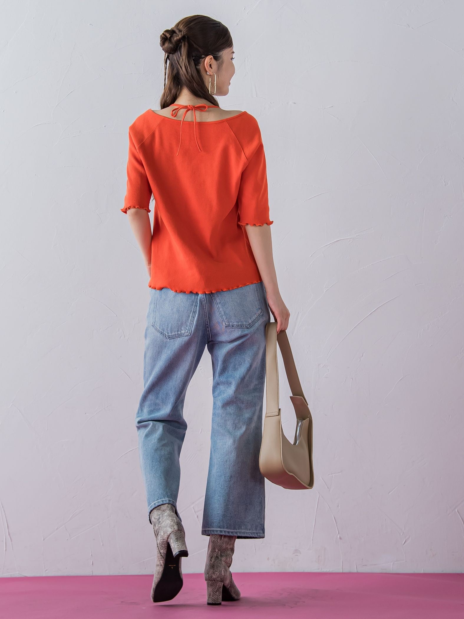 【レディな印象を演出】5分袖ヒモ付カットソー《洗濯機で洗える》