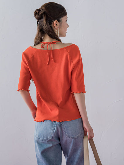 【レディな印象を演出】5分袖ヒモ付カットソー《洗濯機で洗える》