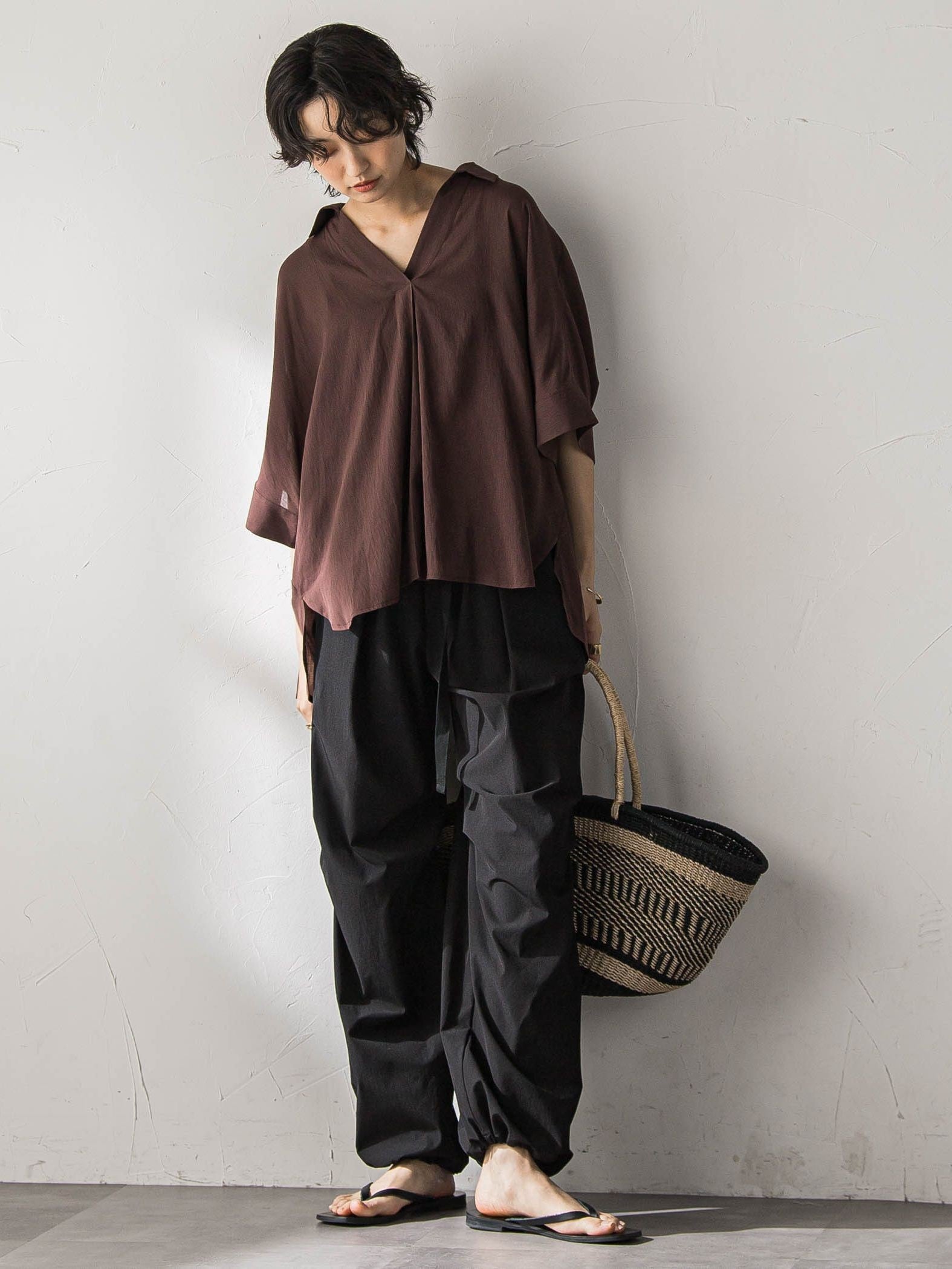 麻調シアーBACKタックスキッパーブラウス