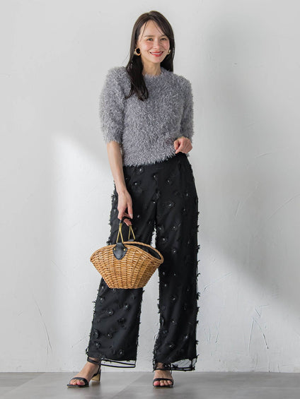 フラワー刺繍チュールパンツ