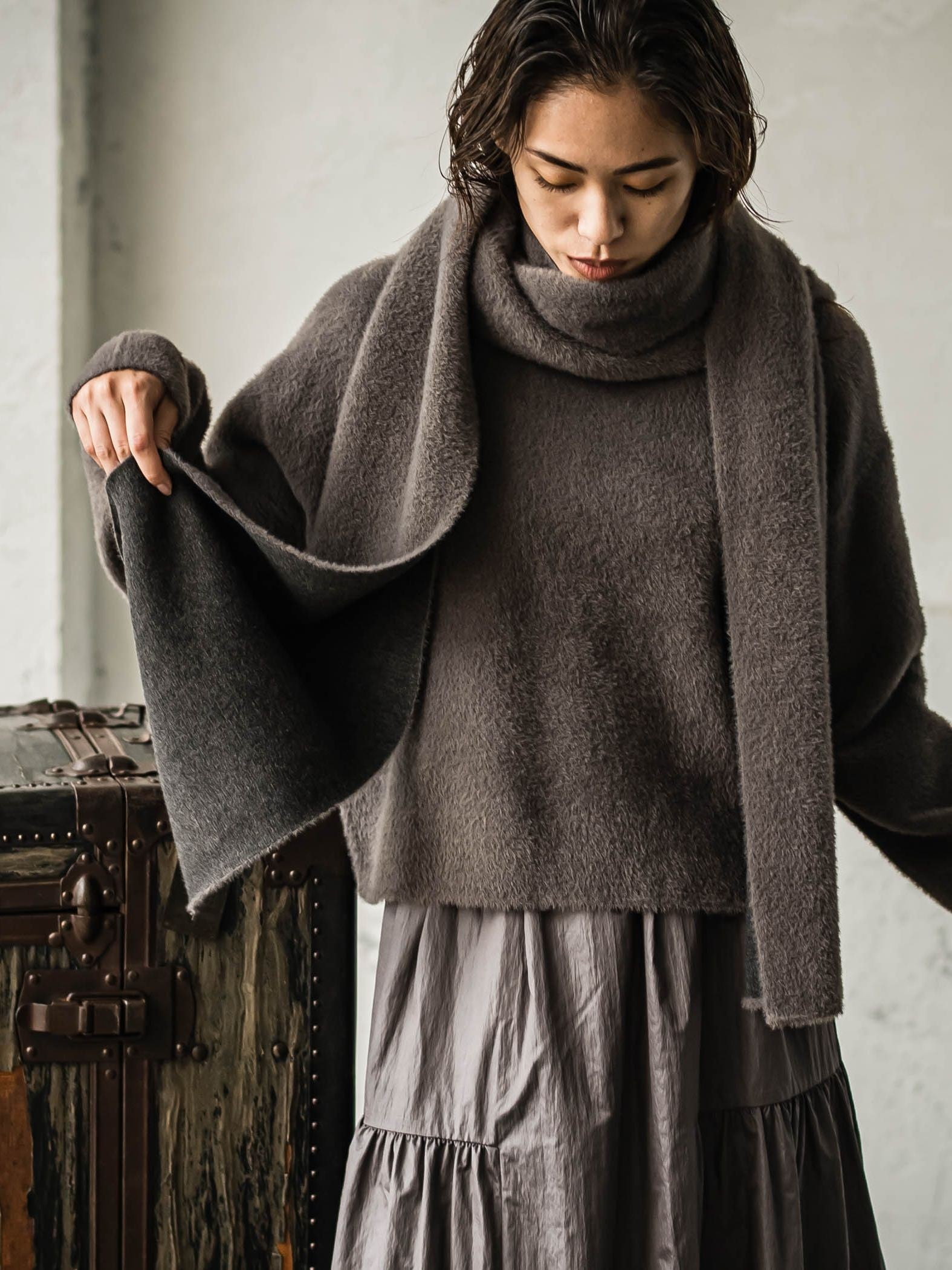 フェザーヤーンWフェイスフーディニットストール≪手洗い可能≫