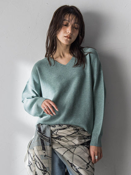 Vネックラメガーターニットプルオーバー≪手洗い可能≫