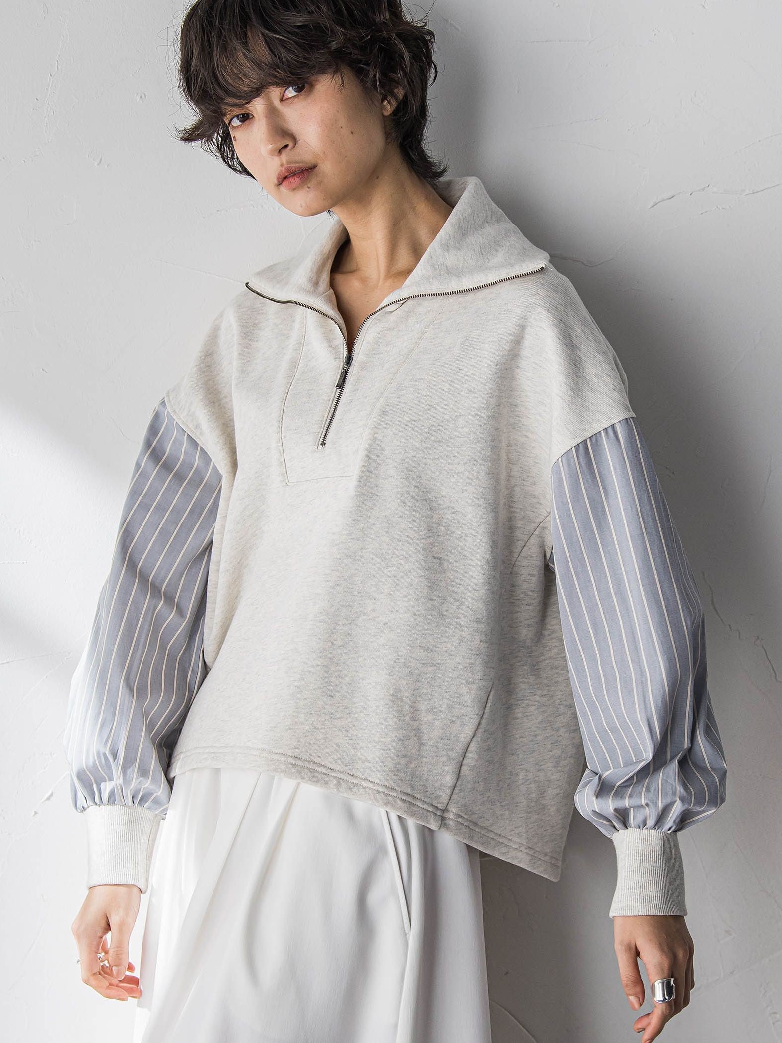 ストライプスリーブハーフジッププルオーバー≪手洗い可能≫