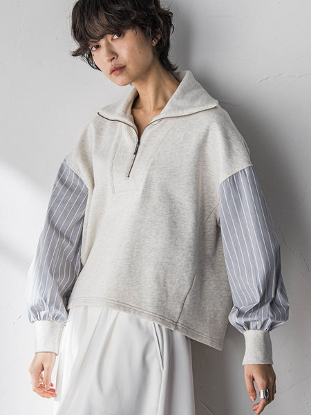 ストライプスリーブハーフジッププルオーバー≪手洗い可能≫