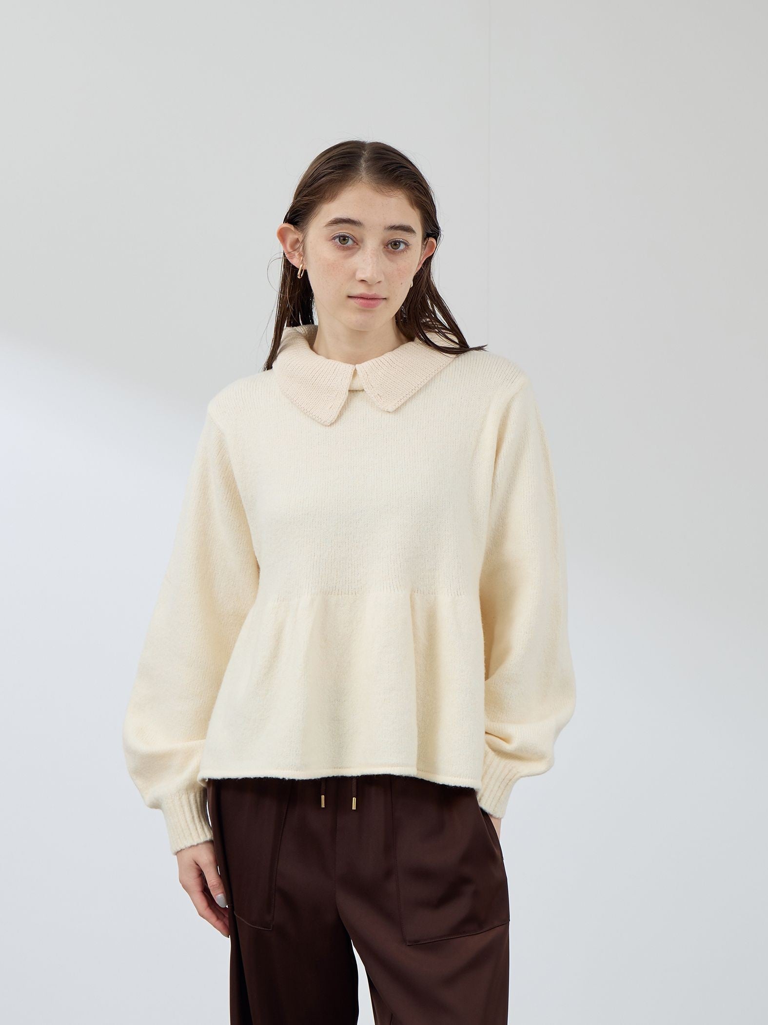 杢ストレッチ襟付きペプラムニット≪手洗い可能≫