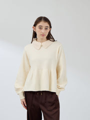 杢ストレッチ襟付きペプラムニット≪手洗い可能≫