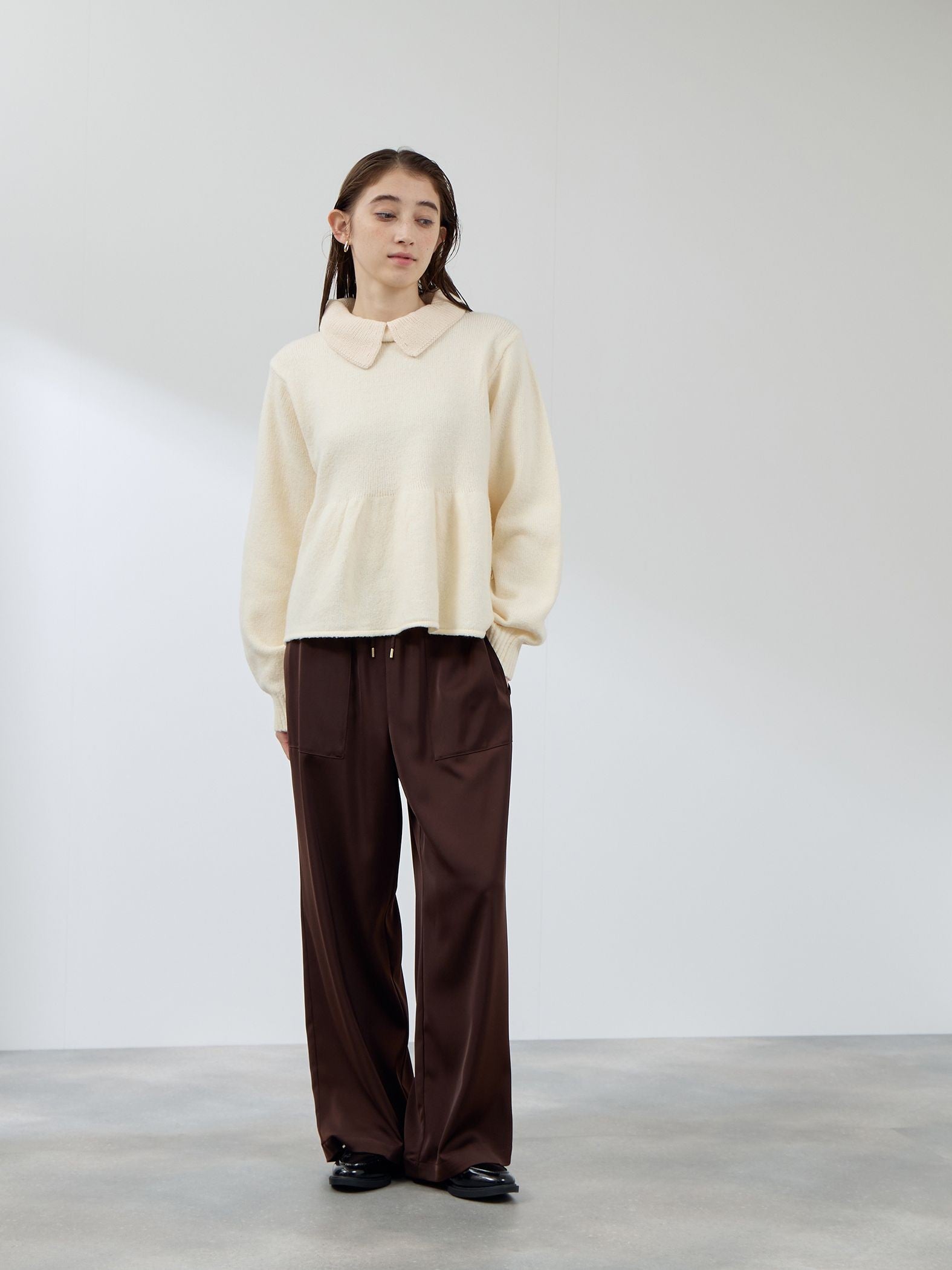 杢ストレッチ襟付きペプラムニット≪手洗い可能≫