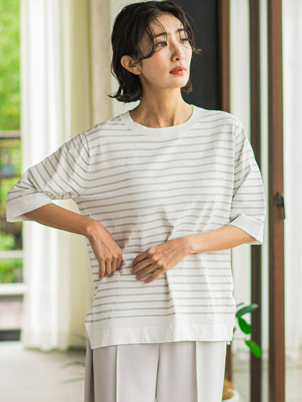 Tシャツ風ボーダーニットプルオーバー≪手洗い可能≫