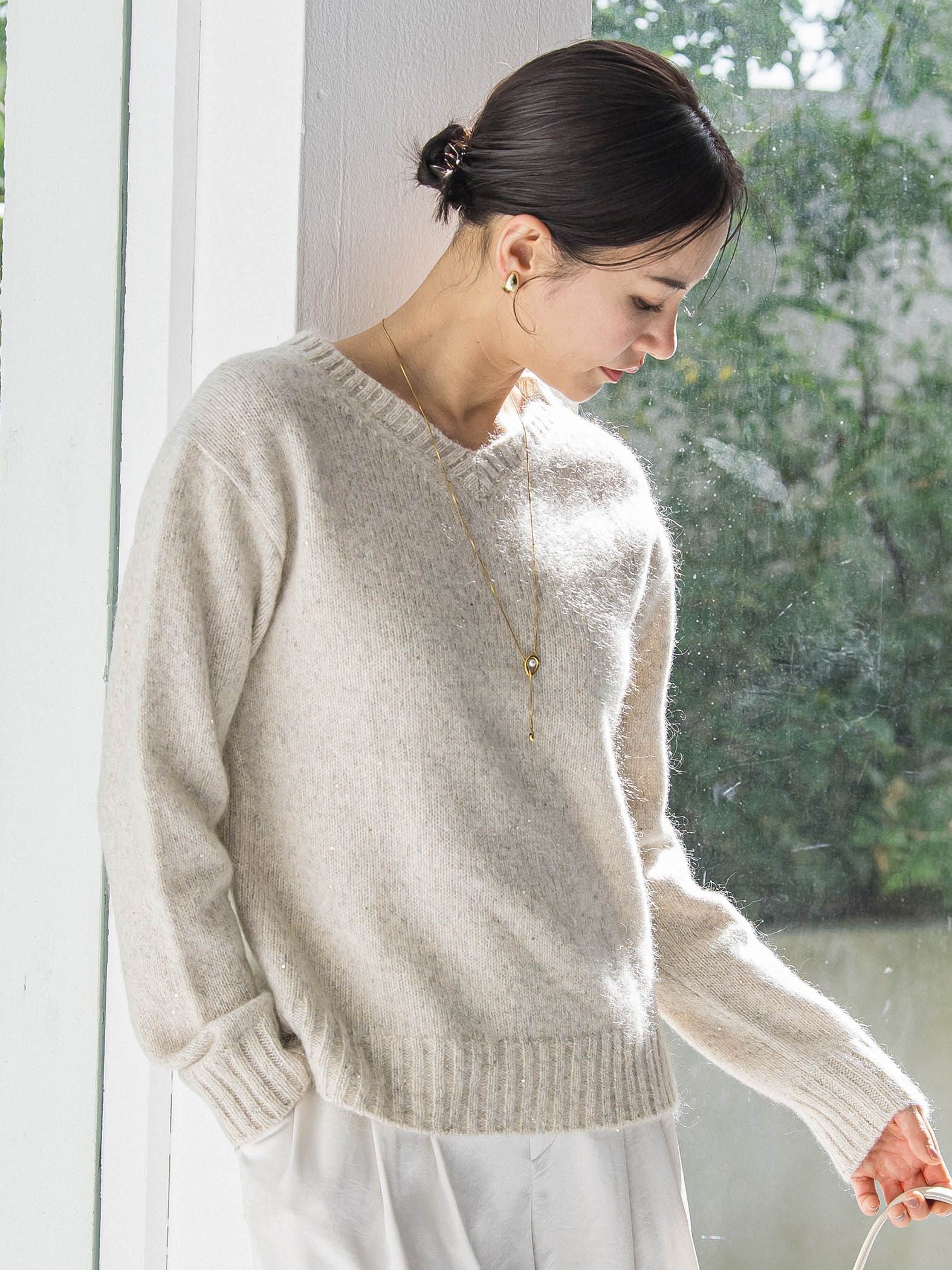 スパンコールラメVネックニット≪洗える≫