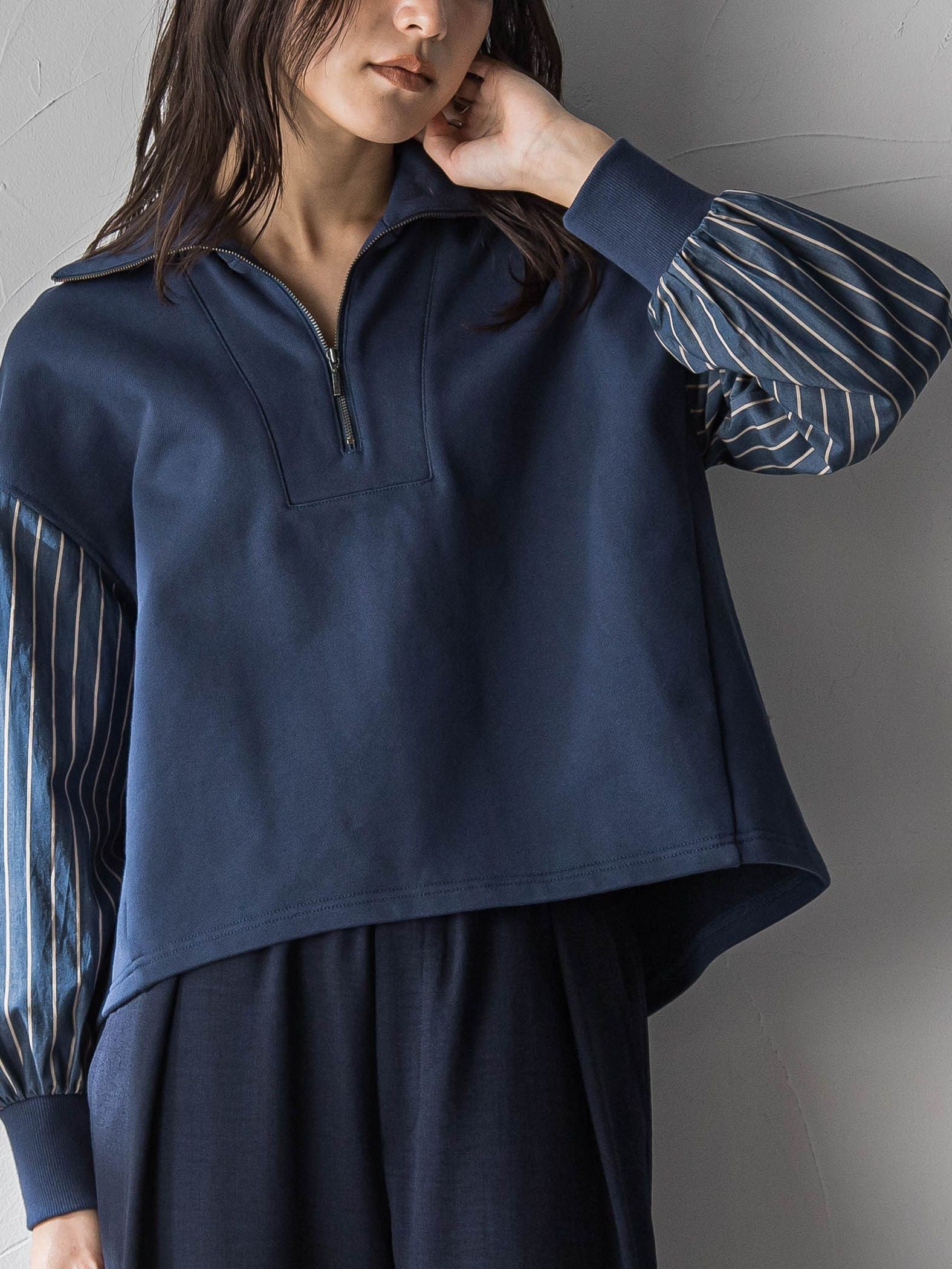 ストライプスリーブハーフジッププルオーバー≪手洗い可能≫