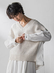 デニムドッキングVネックニットプルオーバー≪洗濯機で洗える≫