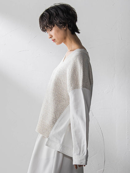 デニムドッキングVネックニットプルオーバー≪洗濯機で洗える≫