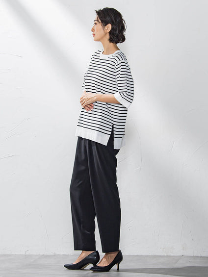 【大きいサイズ】Tシャツ風ボーダーニットプルオーバー≪手洗い可能≫